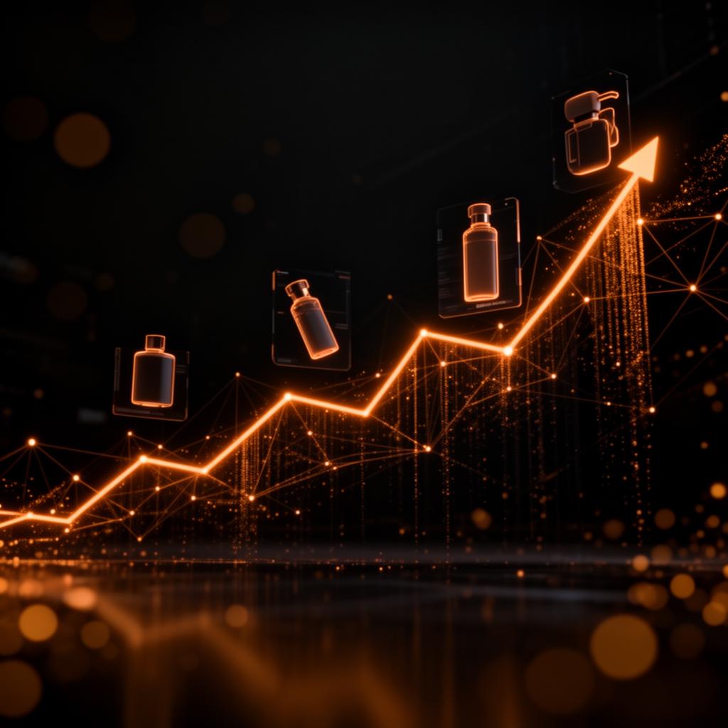 Abstract visualization of product momentum lines rising against a dark grid
