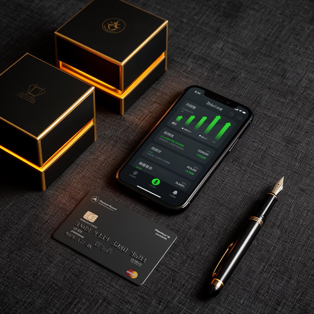 A premium seller's desk: matte black card, phone showing rising sales, gold-accented product boxes